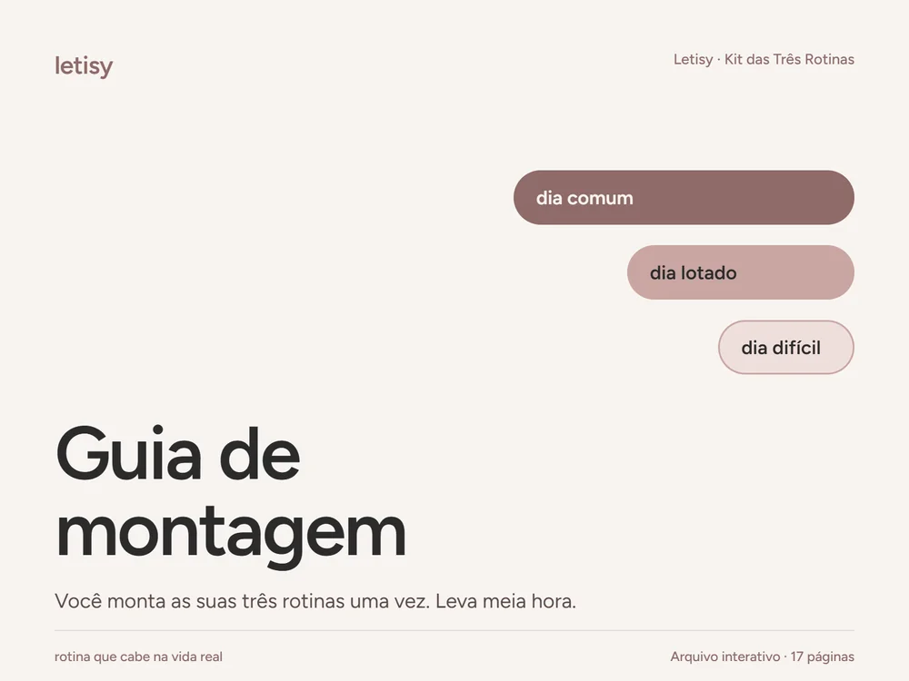 Capa do guia de montagem com os três tamanhos: dia comum, dia lotado, dia difícil.