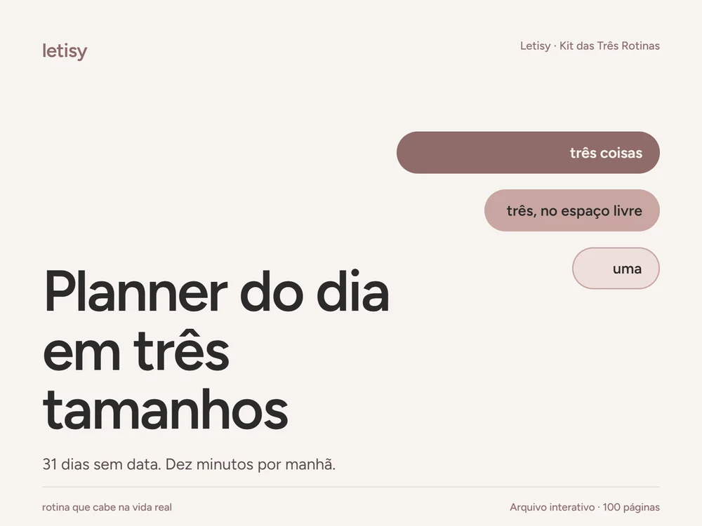Capa do planner do dia em três tamanhos: três coisas, três no espaço livre, uma.