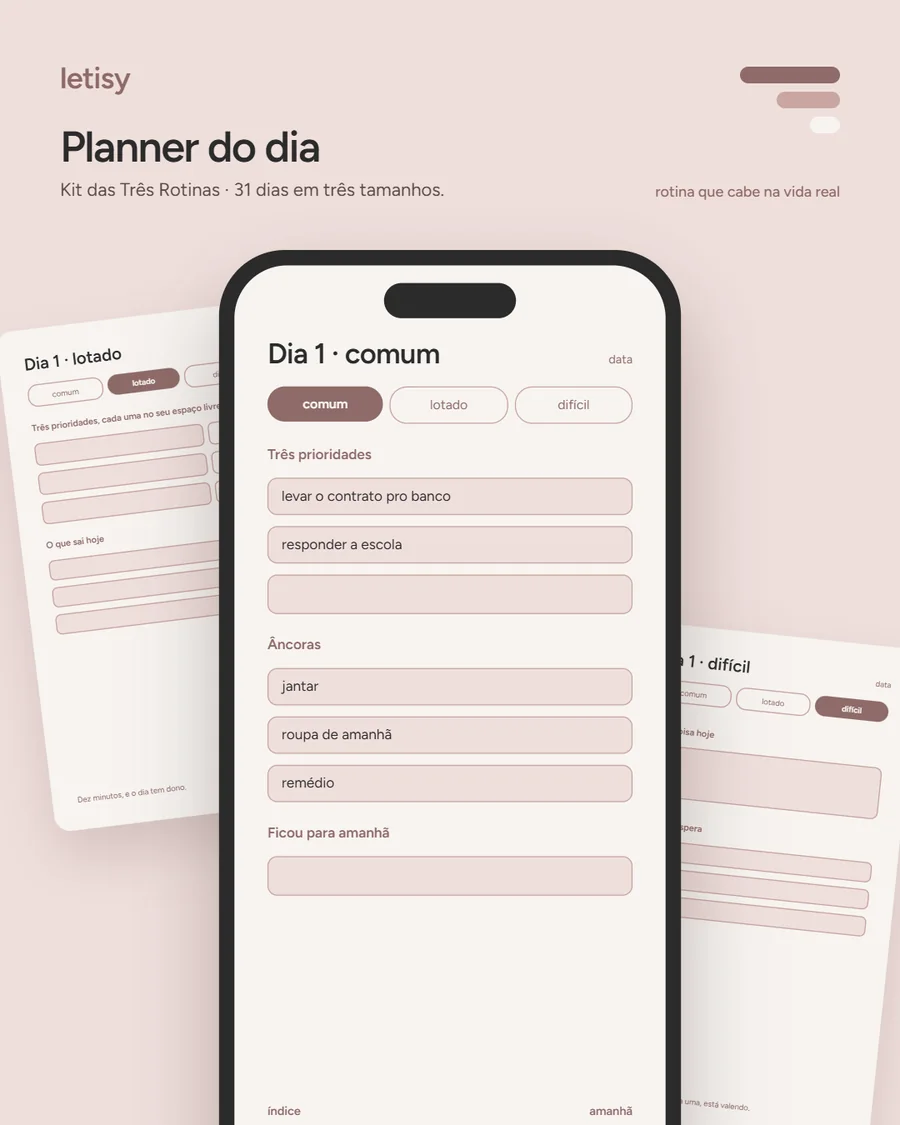 Planner do dia aberto no celular: dia 1, tamanho comum, com as três prioridades preenchidas.