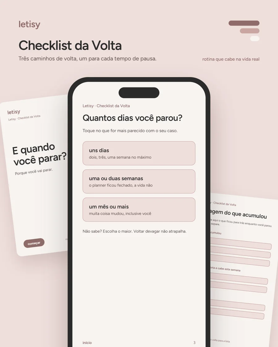 Checklist da Volta aberto no celular: "Quantos dias você parou?", com uns dias, uma ou duas semanas e um mês ou mais.